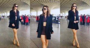 Kriti Sanon SLAYS in her airport look with brown cut-out mini dress, oversized black blazer
